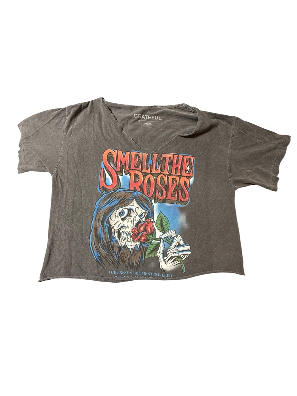 Grateful Dead Smell The Roses Gray Crop Top T-Shirt Women's Large Skull Band Tee